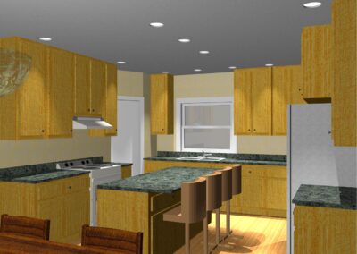Modern kitchen with wooden cabinets and granite countertops, featuring a breakfast bar and dining area.