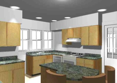 Modern kitchen interior with wood cabinets and granite countertops.
