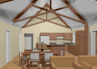 3d rendering of an open concept living space with a kitchen, dining area, and lounging space, featuring a vaulted ceiling with exposed wooden beams.