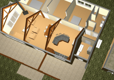 3d render of a house floor plan showing interior layout and structure.